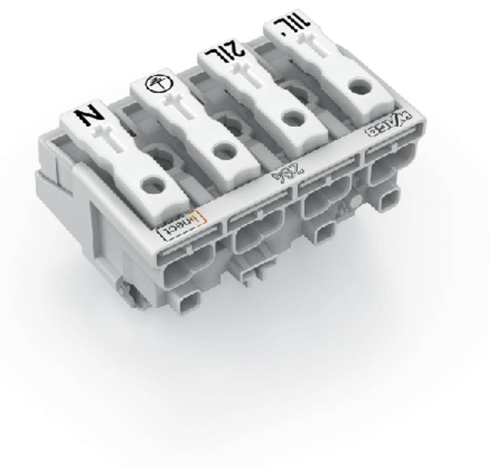 'WAGO plug-in terminal block, four-pole, with labelling for neutral, protective earth and two phases, white terminals with grey housing.'