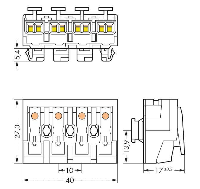 Technical drawing of an electrical connector with dimensions: 15.4 mm height, 40 mm width, 27.3 mm length. Wiring configuration for four poles shown.