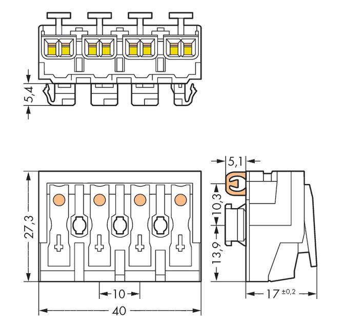Technical drawing of an electrical terminal block with dimensions: height 27.3 mm, width 40 mm, depth 17 mm. Four connection points.