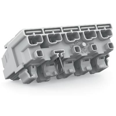 A white electrical connector with multiple pins, viewed at an angle. It is suitable for connecting various cables.