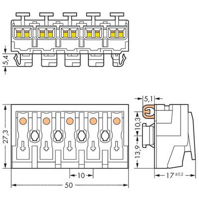 'Circuit diagram sketch of an electrical connector with dimensions: height 27.3mm, width 50mm. Detailed connections and pins shown from top and side views.'