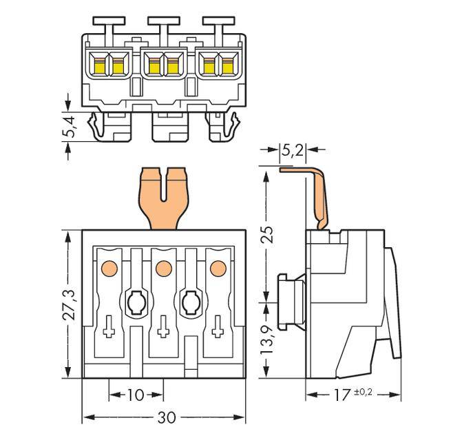 Technical drawing of a three-pole switch with dimensions: 30 mm width, 27.3 mm height, side depth 25 mm.