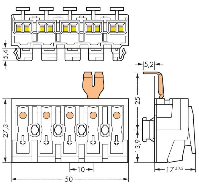 Technical drawing of a five-way electrical connector. Dimensions: 54mm width, 50mm length, 25mm height. Side view shows pins and connections.