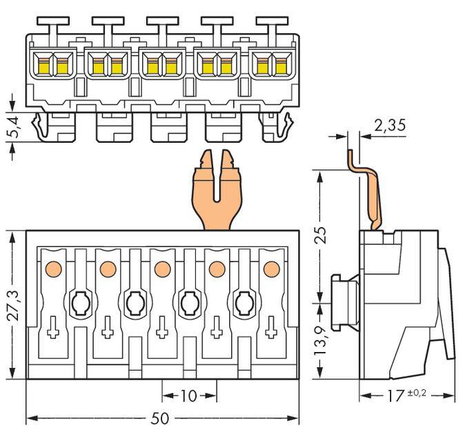 Diagram of an electrical plug: Shows top, front and side views. Contains dimensions in millimetres.