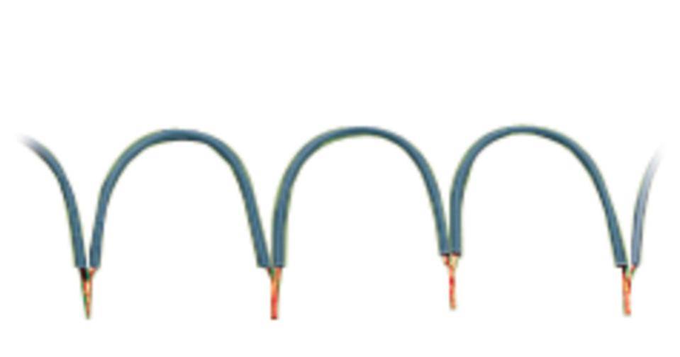 A blue electric cable in a wave-like arrangement, showing visible copper wire ends at both sides of the waves.