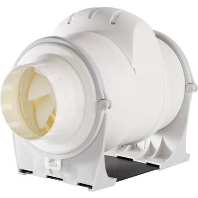 White cylindrical ventilation unit with mounting bracket, suitable for use in ventilation systems to improve air circulation.