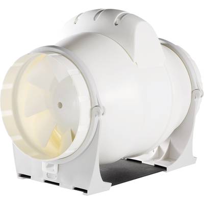 A white ducted fan with two mounting brackets, showing a propeller from the side. Designed for ventilation in ventilation systems.