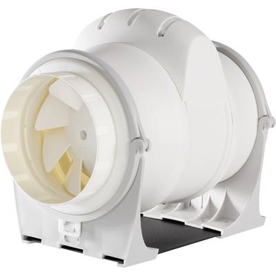 A white, cylindrical ventilation unit with a fan wheel, mounted on a bracket, for regulating air flows in ventilation systems.