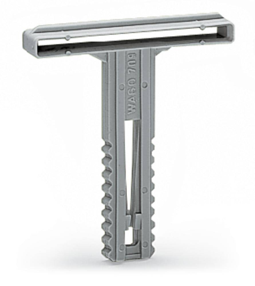 T-shaped plastic mounting bracket with serrated edges, suitable for fastening in electrical or mechanical applications.