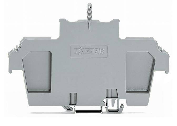 Grey clamp adapter against a white background, with a centrally positioned screw fastener at the top and clip mechanisms at the bottom.