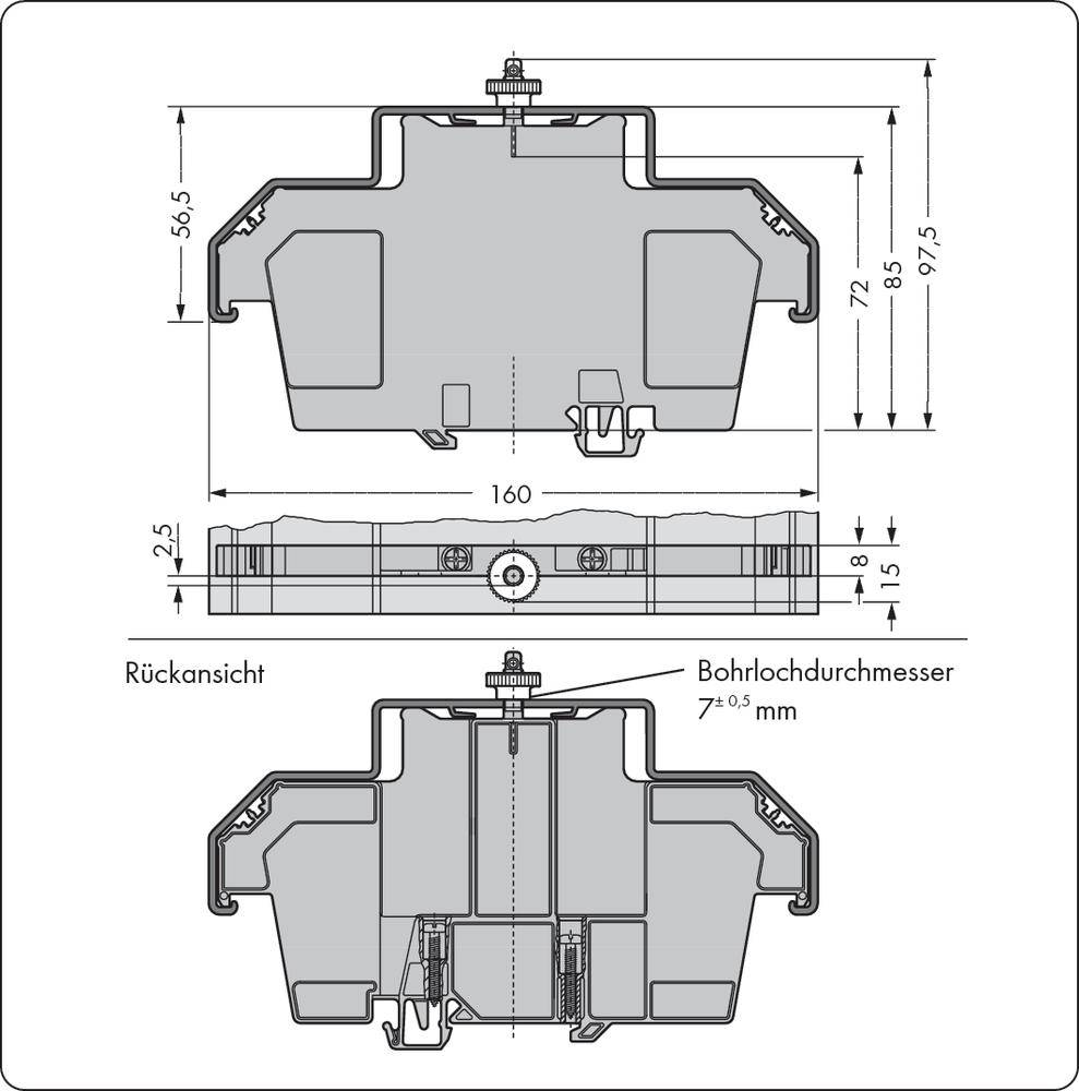 Technical drawing of an electrical component showing multiple views. Dimensions and hole diameters are indicated.