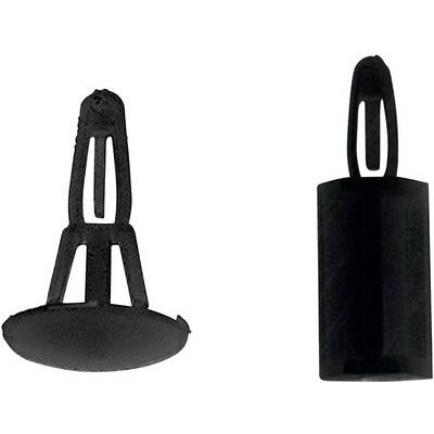 A black plastic fixing clip with two different views: front and side.