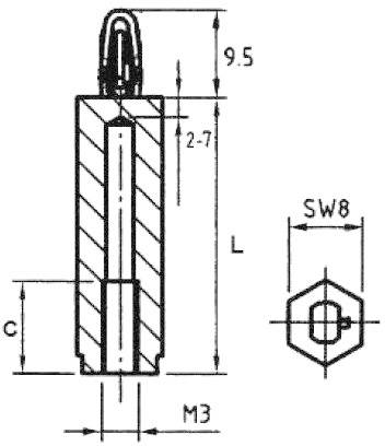 Technical drawing of a cylinder lock with dimensions: Length L, Diameter C, Wrench size SW8, Thread M3, Length 9.5.