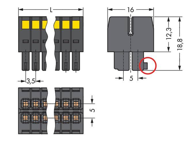 Technical drawing of a connector; shows front, side, and top views with dimensions in millimetres; key details highlighted.