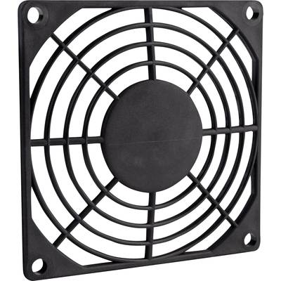 A black plastic fan grille with a round central section and concentric circles, in a square shape with fixing corners.
