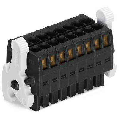 Black electric terminal strip with eight connection terminals and white mounting elements, for connecting cables.