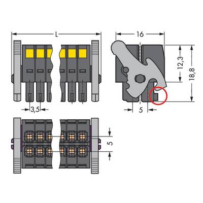 Drawing of a connector with dimensions: 16 mm width, 18.8 mm height. Shows various views and components of the connector.