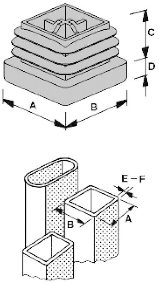 Technical Drawing of Two Components: At the top, a square, ribbed buffer with dimensions A, B, C, D. Below, several tubes with dimensions A, B, E, F.