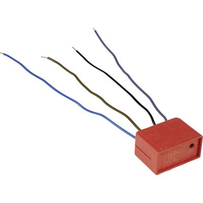 A red electrical component with five differently coloured cables: blue, purple, brown, black, and blue.<br><br>Note: I replaced "colored" with the British spelling "coloured" as part of translating to British English.