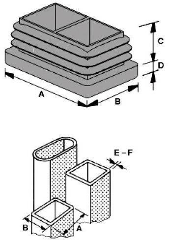 Technical drawing of rectangular blocks with dimensions A, B, C, D. Below: cylindrical and rectangular shapes with dimension E-F.