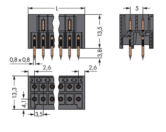 Technical drawing of a connector with dimensions: Length, 3.8 mm height, 1 mm pin width. Side view shows 5 mm width.