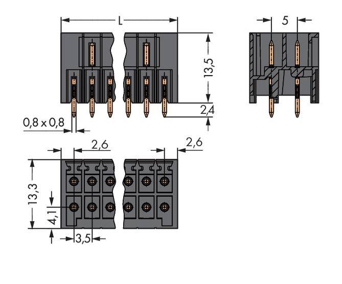 Technical drawing of a dual-row connector with dimensions: Length 'L', Width '5', Height '13.5', Contact spacing '0.8'.