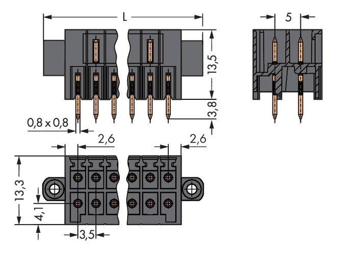 Connector Diagram: shows dimensions and contact spacings of a connector in millimetres. Table displays a detailed view of contacts.