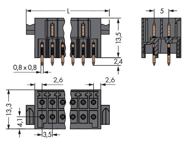 Technical drawing of a connector with dimensions, showing detailed view of contact pins and measurements in millimetres.