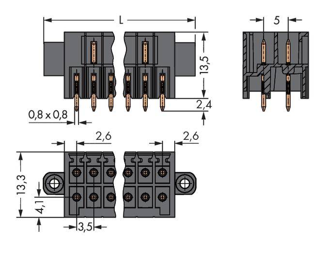 Technical drawing of a connector with dimensions in millimetres. Details of pin arrangement and housing shape are visible.