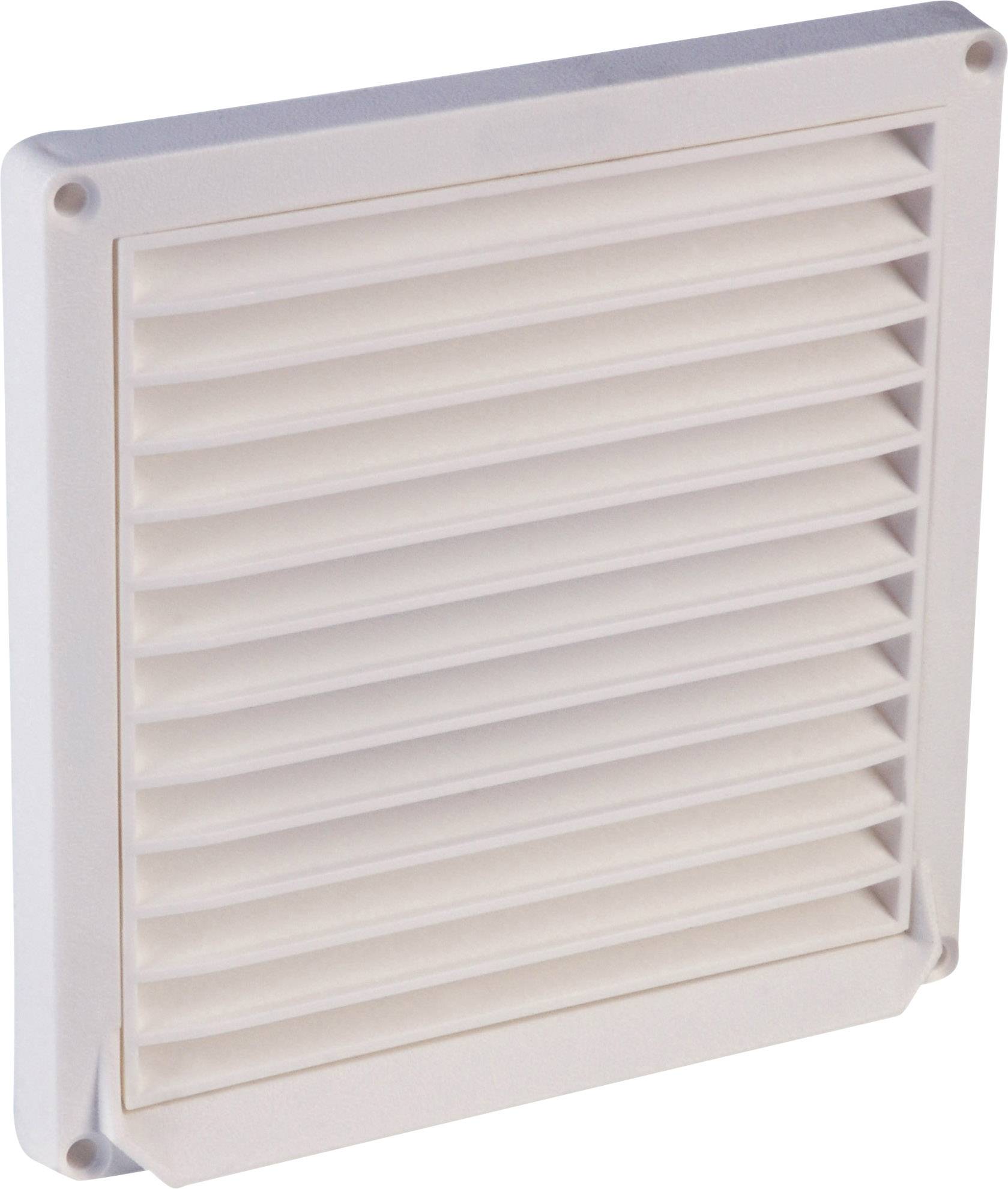 A white, rectangular ventilation grille with horizontal louvres.