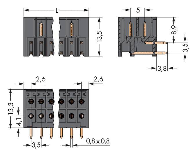 Construction drawing of a connector with dimensions: 13.5 mm height, 3.8 mm width, pin spacing 5 mm, length 13.3 mm.