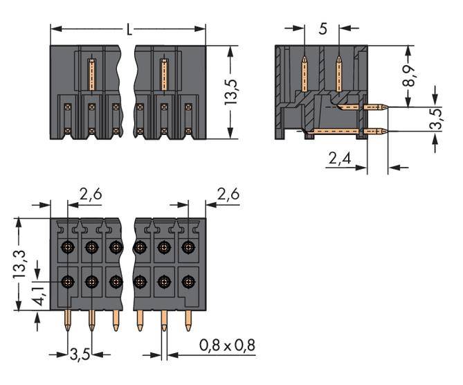 Figure shows technical diagram of a connector with dimensional specifications in millimetres. Displays front and side view with electrical contacts.