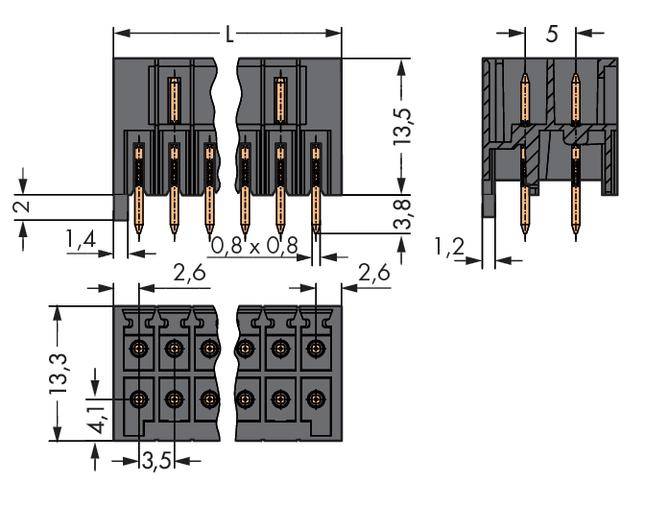 Diagram of a connector with dimensions. Representation of pin arrangement and measurements: width 2.6 mm, height 13.5 mm.