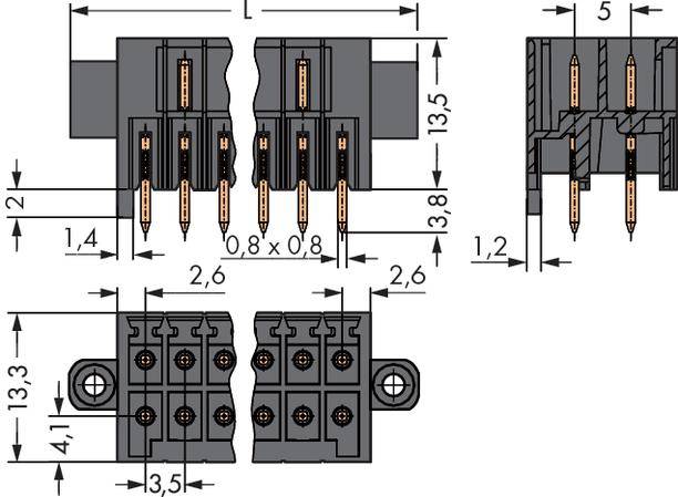 Connector diagram with dimensional specifications: Width 2.6 mm, Height 13.5 mm, Depth 5 mm. Details of pin spacing and housing size shown.