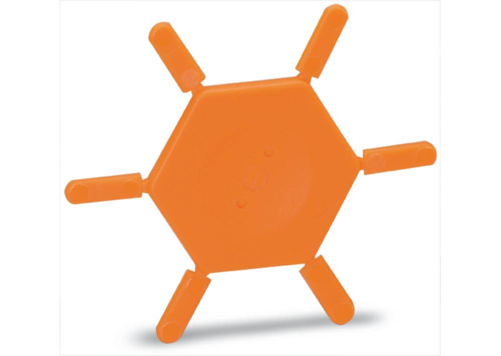 Six-sided orange plastic structure with six evenly distributed arms.