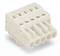 White, rectangular plug connector with five openings for cable connections, suitable for electronic applications.
