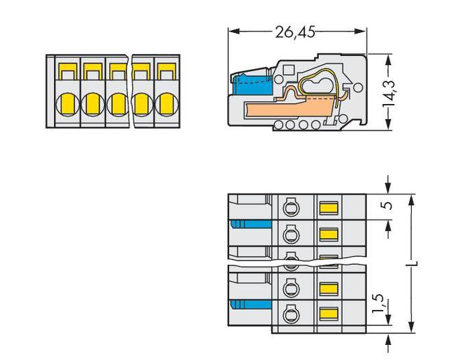 Technical drawing of a connector with dimensions: width 26.45 mm, height 14.3 mm. Top view and side view shown.