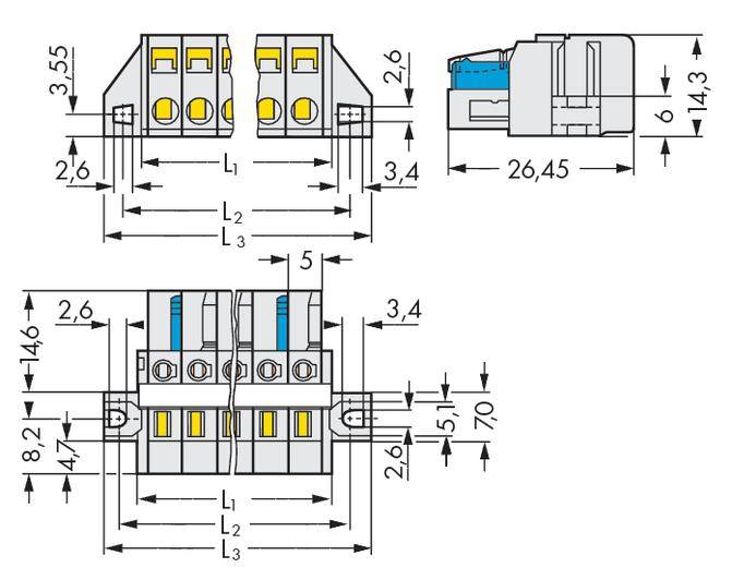 Technical drawing of an electrical connector with dimensions in millimetres. Shows front and side view with detailed measurements.