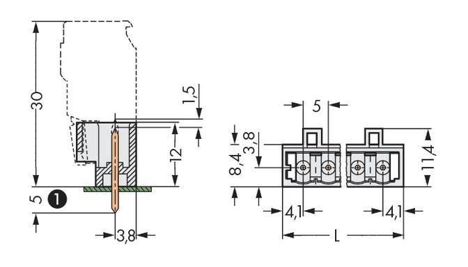 Technical drawing of an electrical connector with dimensions: Height 30 mm, Width 12 mm, three pins, pin spacing 5 mm.