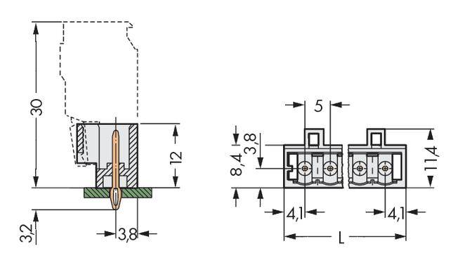 Technical drawing of an electrical connector. Dimensions: Height 30 mm, Width 11.4 mm, further specific dimensions are provided.