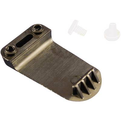 A metal attachment with two screw holes and a serrated edge. Beside it, a white screw and a small plastic cover.