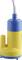 Small blue and yellow plastic submersible pump with a discharge pipe and a cable at the top.