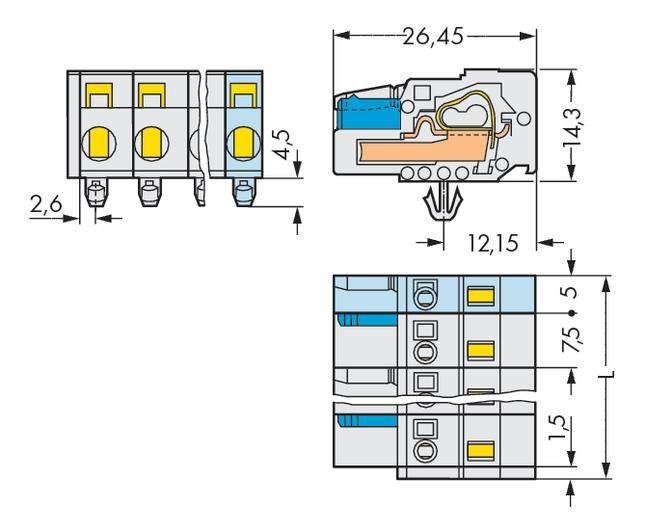 'Technical drawing of an electrical connector with detailed dimensions: 26.45 mm wide, 14.3 mm high, 12.15 mm deep.'