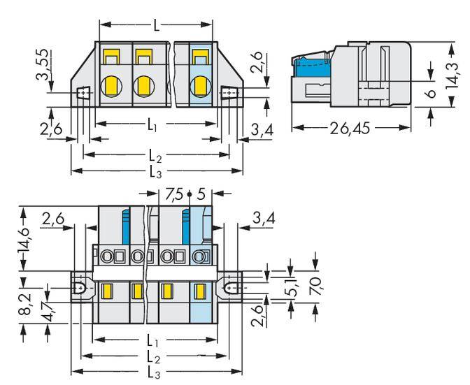 Technical drawing of a connector with dimensions. Front, top, and side view; measurements in mm; colour Blue.