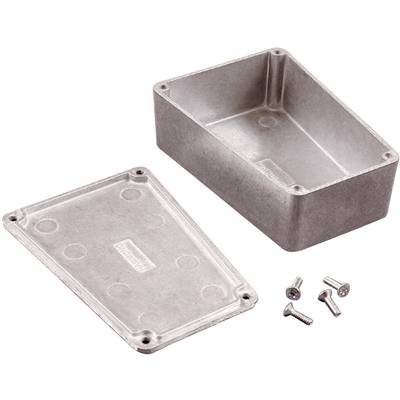 Rectangular metal enclosure with a removable lid secured by four screws, designed for mounting electronic components.