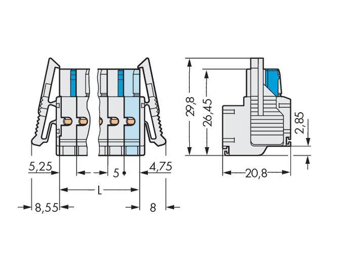 Figure of an electrical connector with technical dimensions. Side and frontal views display height, width, and length specifications.