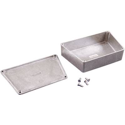 Metal enclosure consisting of two parts: a rectangular base and a lid, with four screws lying beside it.