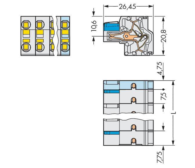Figure: Technical drawing of an electrical connector with dimensions. Top view shows socket positions; side view shows internal wiring.