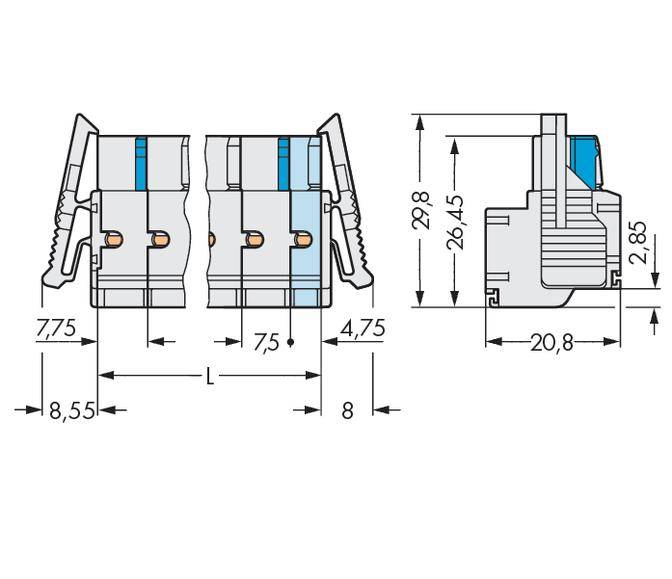 Technical drawing of a connector with dimensional specifications in millimetres. Shows side and front views for precise component assembly.