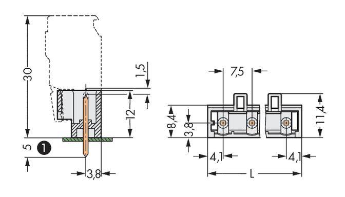 Technical drawing of a connector with dimensional specifications. Left side view and right front view with detailed dimensioning.